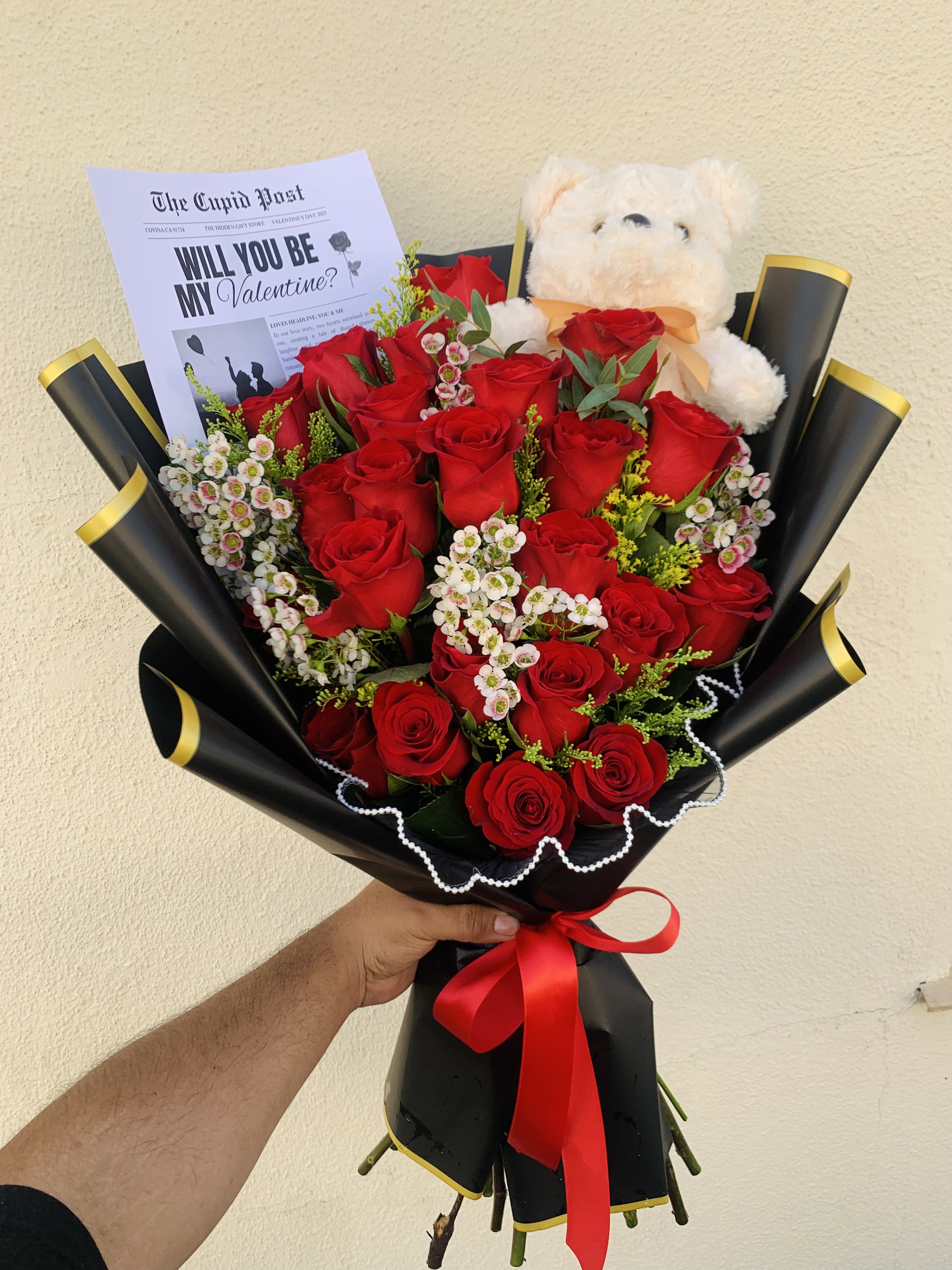 Red Rose Bear Bouquet – Romantic red roses presented with a plush bear accent