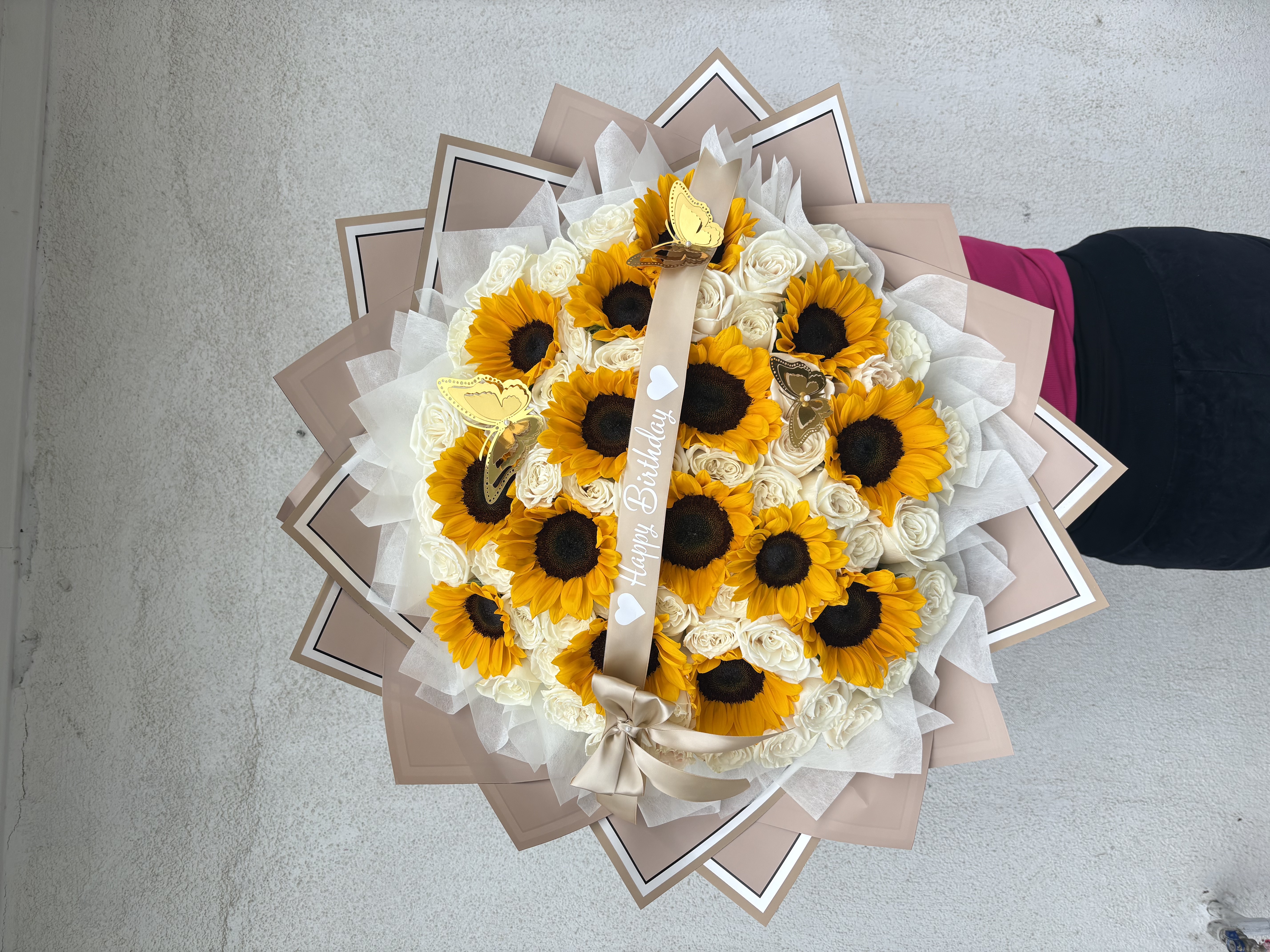 100 White Roses & 15 Sunflowers – Beautiful White Roses paired with 15 Sunflowers, Custom Ribbon Lights & 3 Butterflies